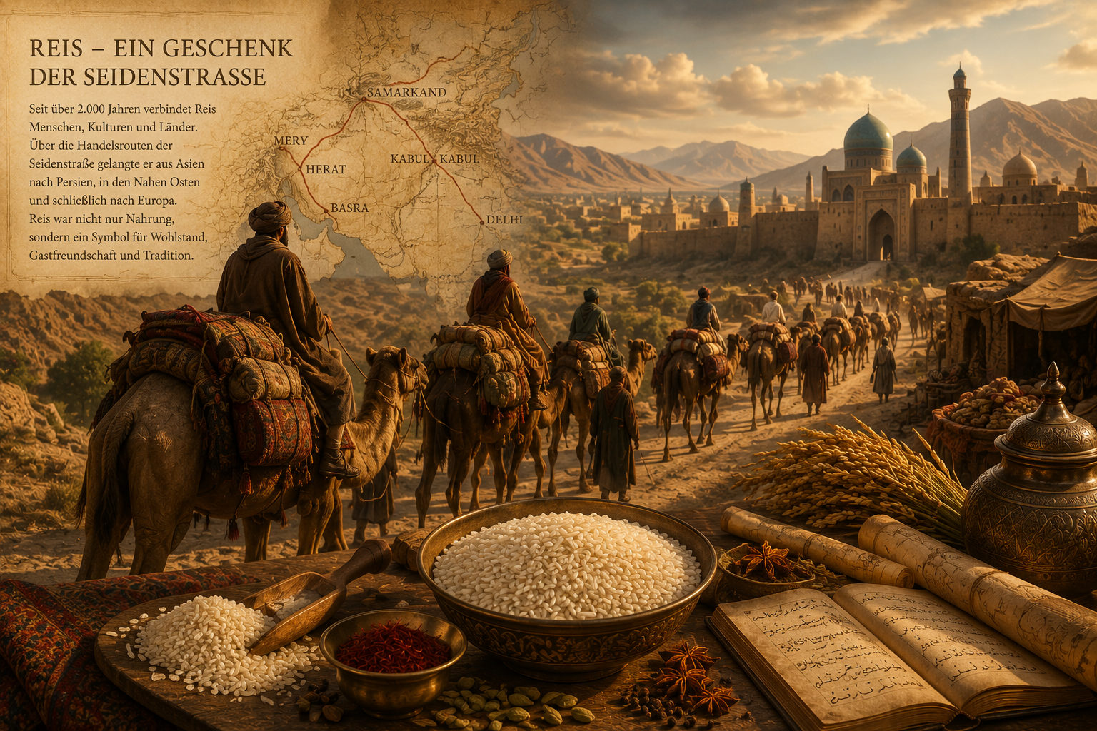 Editorische Illustration einer Handelskarawane entlang historischer Handelsrouten, mit Reis und Gewürzen im Vordergrund