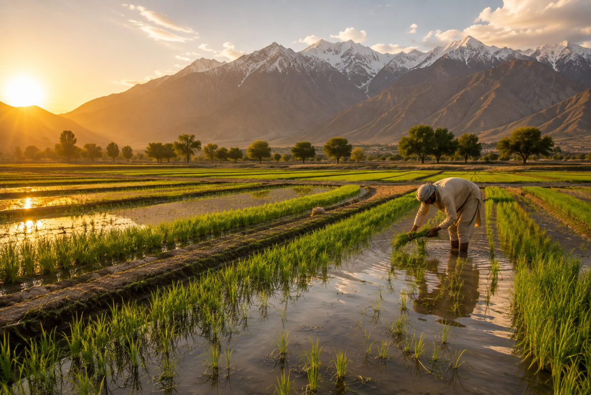 Reisfeld in Afghanistan bei Sonnenuntergang, im Hintergrund schneebedeckte Berge