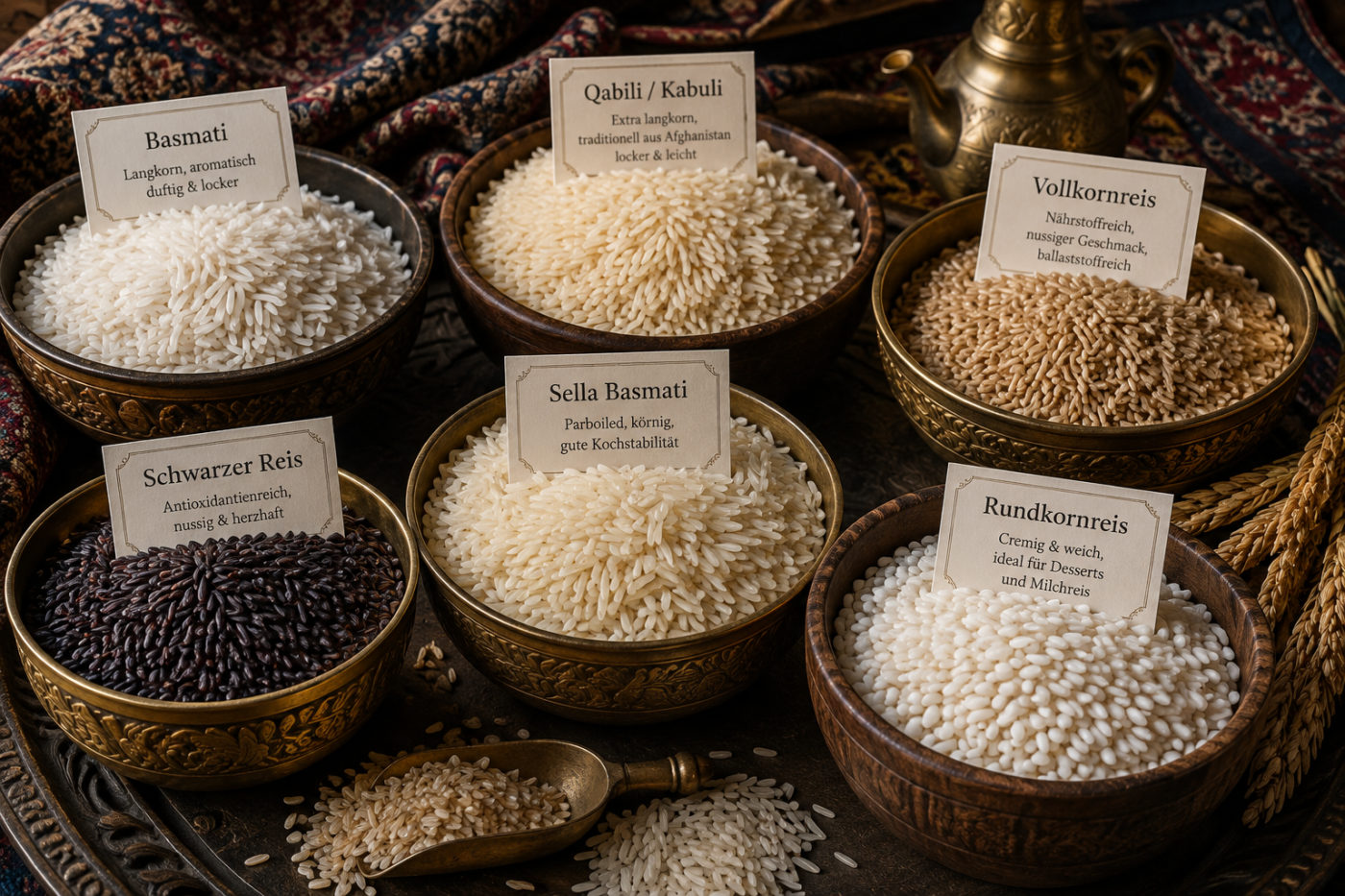 Übersicht verschiedener Reissorten in Schalen: Basmati, Qabili/Kabuli, Vollkornreis, schwarzer Reis, Sella Basmati, Rundkornreis